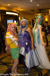 Size: 683x1024 | Tagged: artist needed, safe, fluttershy, princess celestia, princess luna, human, 2012, anime los angeles, cosplay, irl, irl human, photo