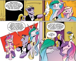 Size: 1040x840 | Tagged: safe, artist:andypriceart, idw, buck withers, princess cadance, princess celestia, alicorn, pegasus, pony, unicorn, neigh anything, spoiler:comic, spoiler:comic12, celestia is not amused, comic, eyes closed, faic, female, i've seen some shit, male, mare, official, royal guard, shocked, smiling, stallion, sunglasses, thousand yard stare, unamused, whispering, wide eyes