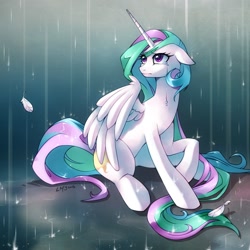 Size: 1500x1500 | Tagged: safe, artist:katiramoon, princess celestia, alicorn, pony, crying, female, mare, missing accessory, rain, sad, solo, wet mane