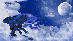 Size: 1920x1080 | Tagged: dead source, safe, artist:yoonny92, princess luna, alicorn, pony, cloud, cloudy, eyes closed, eyeshadow, flying, moon, night, sky, smiling, solo, spread wings, wallpaper