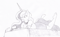 Size: 1238x762 | Tagged: safe, artist:joey darkmeat, princess luna, anthro, plantigrade anthro, 3ds, barefoot, bubblegum, feet, gamer luna, monochrome, soles, solo, toes, traditional art