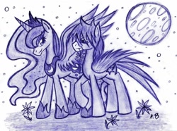 Size: 1024x760 | Tagged: safe, artist:rossmaniteanzu, princess luna, oc, oc:star swift, alicorn, pegasus, pony, canon x oc, couple, date, moon, traditional art