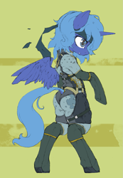 Size: 877x1265 | Tagged: safe, artist:toki, princess luna, alicorn, pony, bipedal, clothes, konami, metal gear, pixiv, plot, s1 luna, solo, wedgie