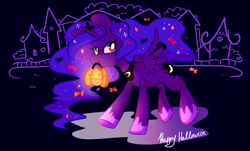 Size: 1800x1090 | Tagged: safe, artist:pepooni, princess luna, alicorn, pony, candy, glow, halloween, jack-o-lantern, nightmare night, pumpkin, solo