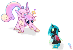 Size: 1074x744 | Tagged: safe, artist:meekcheep, princess cadance, queen chrysalis, alicorn, changeling, changeling queen, nymph, pony, age regression, bow, cute, cutealis, cutedance, female, filly, filly queen chrysalis, foal, hair bow, heart eyes, signature, simple background, tail bow, teen princess cadance, teenager, time paradox, transparent background, wingding eyes, younger