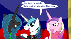 Size: 3000x1652 | Tagged: safe, artist:dazed-and-wandering, princess cadance, queen chrysalis, shining armor, alicorn, changeling, changeling queen, pony, unicorn, bisexual, chrysarmordance, dialogue, female, lesbian, male, shining armor gets all the mares, shipping, smiling, speech bubble, straight