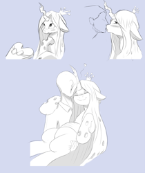 Size: 840x1000 | Tagged: dead source, safe, artist:jalm, queen chrysalis, oc, oc:anon, human, pony, blushing, carrying, eyes closed, floppy ears, holding a pony, hug, human on pony action, kissing, shipping, sketch dump, smiling