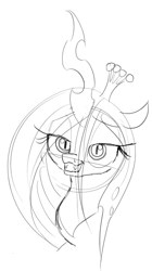 Size: 526x940 | Tagged: safe, artist:zev, queen chrysalis, changeling, changeling queen, dreamworks face, grayscale, monochrome, portrait, sketch, solo