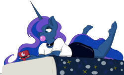 Size: 9205x5561 | Tagged: safe, artist:joey darkmeat, artist:refro82, princess luna, anthro, plantigrade anthro, 3ds, absurd resolution, barefoot, bed, bubblegum, feet, gamer luna, soles, solo, toes