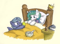Size: 900x664 | Tagged: safe, artist:onkelscrut, princess celestia, princess luna, alicorn, pony, bed, blanket, book, bottle, bowl, cewestia, crown, cute, fever, filly, lemon, pillow, s1 luna, sick, soup, spoon, thermometer, woona, younger
