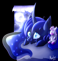 Size: 1321x1385 | Tagged: safe, artist:artbyl, princess luna, alicorn, pony, bed, crying, doll, moon, sad, solo, window