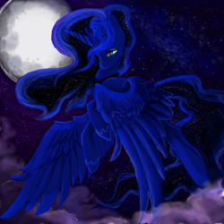 Size: 900x900 | Tagged: safe, artist:thecraftywhitefox, princess luna, alicorn, pony, cloud, cloudy, moon, solo, stars