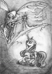 Size: 909x1280 | Tagged: safe, artist:raindh, princess cadance, queen chrysalis, alicorn, changeling, changeling queen, pony, force field, grayscale, magic, traditional art