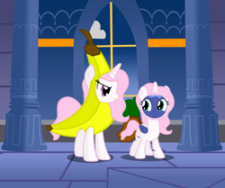 Size: 3000x2513 | Tagged: safe, artist:scourge707, princess celestia, princess luna, alicorn, pony, banana, banana suit, cewestia, clothes, costume, filly, foal, woona