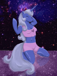 Size: 1280x1707 | Tagged: safe, artist:witchbehindthebush, princess luna, anthro, cleavage, female, midriff, solo, space, waking up