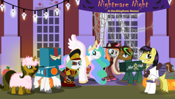 Size: 1280x720 | Tagged: safe, artist:askbritanniamlp, princess celestia, oc, oc:fluffle puff, alicorn, earth pony, pony, unicorn, chainsword, clothes, commissar, costume, female, gipsy danger, glasses, halloween, hat, male, mare, nightmare night, pacific rim, sailor moon, sailor saturn, stallion, sword, tumblr, warhammer (game), warhammer 40k