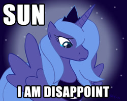 Size: 550x440 | Tagged: safe, princess luna, alicorn, pony, artifact, caption, cute, image macro, lunabetes, princess, pun, s1 luna, solo, son i am disappoint