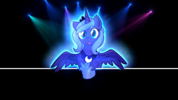 Size: 1920x1080 | Tagged: safe, artist:0verated, artist:lugipony, artist:mbeaver, princess luna, alicorn, pony, filly, glow, lights, looking at you, s1 luna, solo, vector, wallpaper, woona