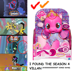 Size: 758x741 | Tagged: safe, discord, king sombra, nightmare moon, princess skyla, queen chrysalis, changeling, changeling queen, pony, unicorn, season 4, comic sans, seems legit, that one dude, toy