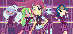 Size: 2038x950 | Tagged: safe, artist:tommychipmunk, indigo zap, lemon zest, sour sweet, sugarcoat, sunny flare, equestria girls, clothes, costume, crystal prep academy uniform, crystal prep shadowbolts, school uniform, shadow five