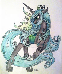 Size: 820x974 | Tagged: safe, artist:oriwhitedeer, queen chrysalis, changeling, changeling queen, alternate hairstyle, solo, traditional art