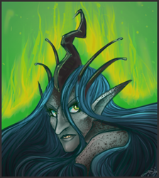 Size: 890x994 | Tagged: safe, artist:salvatriss, queen chrysalis, changeling, changeling queen, female, green eyes, horn, humanized, solo