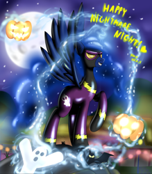 Size: 2200x2510 | Tagged: safe, artist:ziemniax, princess luna, alicorn, pony, clothes, costume, halloween, holiday, jack-o-lantern, magic, nightmare night, pumpkin, shadowbolts costume, solo