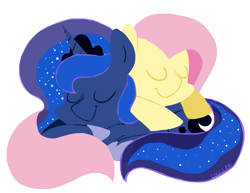 Size: 923x714 | Tagged: safe, artist:coggler, fluttershy, princess luna, alicorn, pegasus, pony, simple background, sleeping