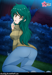 Size: 2206x3144 | Tagged: safe, alternate version, artist:clouddg, wallflower blush, equestria girls, equestria girls series, forgotten friendship, adorasexy, ass, butt, clothes, cute, female, flowerbetes, human coloration, jeans, looking at you, looking back, looking back at you, open mouth, sexy, signature, solo, stupid sexy wallflower blush, sweater, the ass was fat, wallflower butt