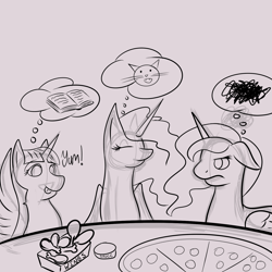 Size: 1500x1500 | Tagged: safe, artist:aeonocean, princess celestia, princess luna, twilight sparkle, alicorn, pony, food, meat, monochrome, pepperoni, pepperoni pizza, pizza, wings