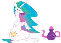 Size: 936x670 | Tagged: safe, princess celestia, alicorn, pony, animated at source, belly, inflation, scrunchy face, smirk, solo, tea