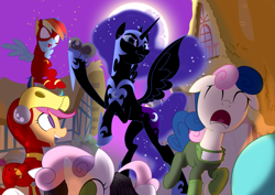 Size: 3507x2480 | Tagged: source needed, useless source url, safe, artist:gashiboka, bon bon, nightmare moon, princess luna, rainbow dash, scootaloo, sweetie belle, sweetie drops, alicorn, pegasus, pony, iron man, nightmare luna, the flash