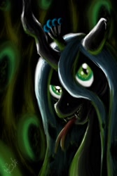 Size: 1200x1800 | Tagged: dead source, safe, artist:spiritofthwwolf, queen chrysalis, changeling, changeling queen, fangs, female, forked tongue, green eyes, horn