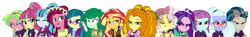 Size: 3554x522 | Tagged: safe, artist:mit-boy, artist:mixiepie, edit, editor:biggernate91, adagio dazzle, aria blaze, gloriosa daisy, indigo zap, juniper montage, lemon zest, sonata dusk, sour sweet, sugarcoat, sunny flare, sunset shimmer, vignette valencia, wallflower blush, equestria girls, crystal prep shadowbolts, line-up, the dazzlings