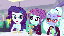 Size: 1920x1080 | Tagged: safe, screencap, rarity, sugarcoat, sunny flare, dance magic, equestria girls, spoiler:eqg specials, bow, bracelet, clothes, crystal prep academy uniform, cute, discovery family logo, drink, drinking straw, female, food, glasses, jewelry, orange, pigtails, raribetes, school uniform, smiling, sunny flare's wrist devices, trio, trio female, twintails