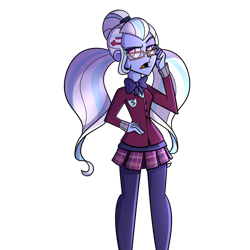 Size: 1000x1000 | Tagged: safe, artist:wubcakeva, sugarcoat, equestria girls, friendship games, clothes, crystal prep academy uniform, female, glasses, hand on hip, leggings, looking at you, miniskirt, open mouth, pigtails, plaid skirt, pleated skirt, school uniform, simple background, skirt, solo, transparent background, twintails