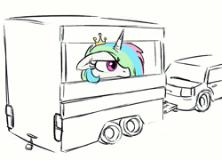 Size: 1000x720 | Tagged: artist needed, safe, princess celestia, alicorn, pony, black and white, car, floppy ears, frown, grayscale, horses doing horse things, monochrome, partial color, solo, trailer, unamused