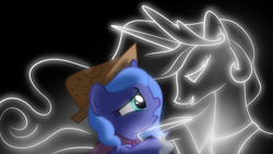 Size: 1920x1080 | Tagged: safe, artist:arvaus, princess celestia, princess luna, alicorn, ghost, pony, cartographer's cap, duo, filly, hat, moonstuck, paper hat, see-through, spirit, spiritlestia, woona, younger