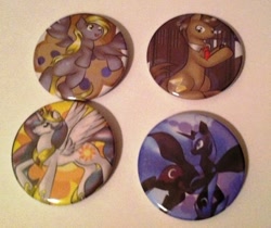 Size: 484x407 | Tagged: safe, artist:fourze-pony, derpy hooves, doctor whooves, nightmare moon, princess celestia, alicorn, pegasus, pony, button, buttons, for sale