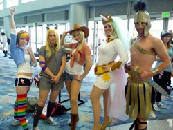 Size: 1024x768 | Tagged: artist needed, safe, artist:donknnj, applejack, derpy hooves, princess celestia, rainbow dash, human, convention, cosplay, irl, irl human, midriff, photo, royal guard, wondercon, wondercon 2012