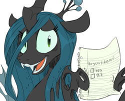 Size: 741x600 | Tagged: safe, artist:sunibee, queen chrysalis, changeling, changeling queen, bronybait, gravity falls, hoof hold, note, open mouth, solo, voting