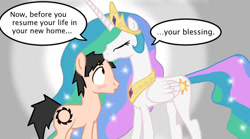 Size: 900x499 | Tagged: safe, artist:ceehoff, princess celestia, oc, oc:connor, alicorn, human, pony, canon x oc, equestria's first human, gradient background, kissing, ponified