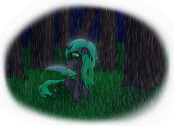 Size: 992x718 | Tagged: safe, artist:wripple, queen chrysalis, changeling, changeling queen, insect, ladybug, nymph, crying, cute, cutealis, female, filly, filly queen chrysalis, flower, foal, forest, grass, lonely, rain, sad, sadorable, solo focus, younger
