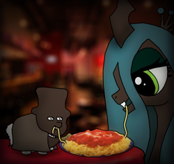 Size: 1384x1304 | Tagged: safe, artist:gowdie, queen chrysalis, changeling, changeling queen, fluffy pony, spaghetti, wingmastew