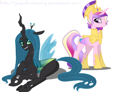 Size: 2732x2052 | Tagged: safe, artist:jaquelindreamz, prince bolero, princess cadance, queen chrysalis, alicorn, changeling, changeling queen, pony, armor, bugbutt, rule 63, simple background, transparent background