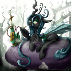 Size: 1024x1023 | Tagged: safe, artist:rule1of1coldfire, queen chrysalis, changeling, changeling queen, alice in wonderland, female, high, hookah, prone, smoking, solo