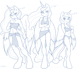 Size: 5596x4961 | Tagged: safe, artist:ambris, princess cadance, princess celestia, princess luna, anthro, unguligrade anthro, absurd resolution, belly button, bra, chest fluff, clothes, fluffy, hooves, line-up, lineart, monochrome, size chart, underwear