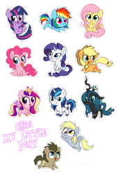 Size: 850x1247 | Tagged: safe, artist:stepandy, applejack, derpy hooves, doctor whooves, fluttershy, pinkie pie, princess cadance, queen chrysalis, rainbow dash, rarity, shining armor, twilight sparkle, alicorn, changeling, changeling queen, earth pony, pegasus, pony, unicorn, chibi, female, mane six, mare