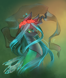 Size: 1000x1186 | Tagged: safe, artist:erinliona, queen chrysalis, changeling, changeling queen, beautiful, floral head wreath, flower, rose, solo