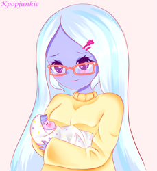 Size: 737x806 | Tagged: safe, artist:electricshine, sugarcoat, equestria girls, alternate hairstyle, baby, clothes, cute, eyes closed, glasses, kpopjunkie is trying to murder us, long hair, loose hair, simple background, smiling, sugarcute, white background